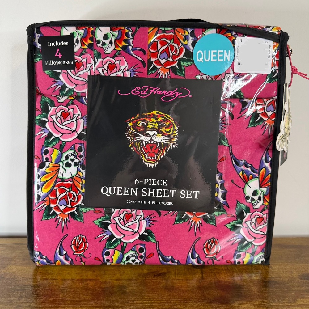 New Ed Hardy Queen 6 Pc Double Brushed Sheet Set Pink Butterfly Skull Bedding